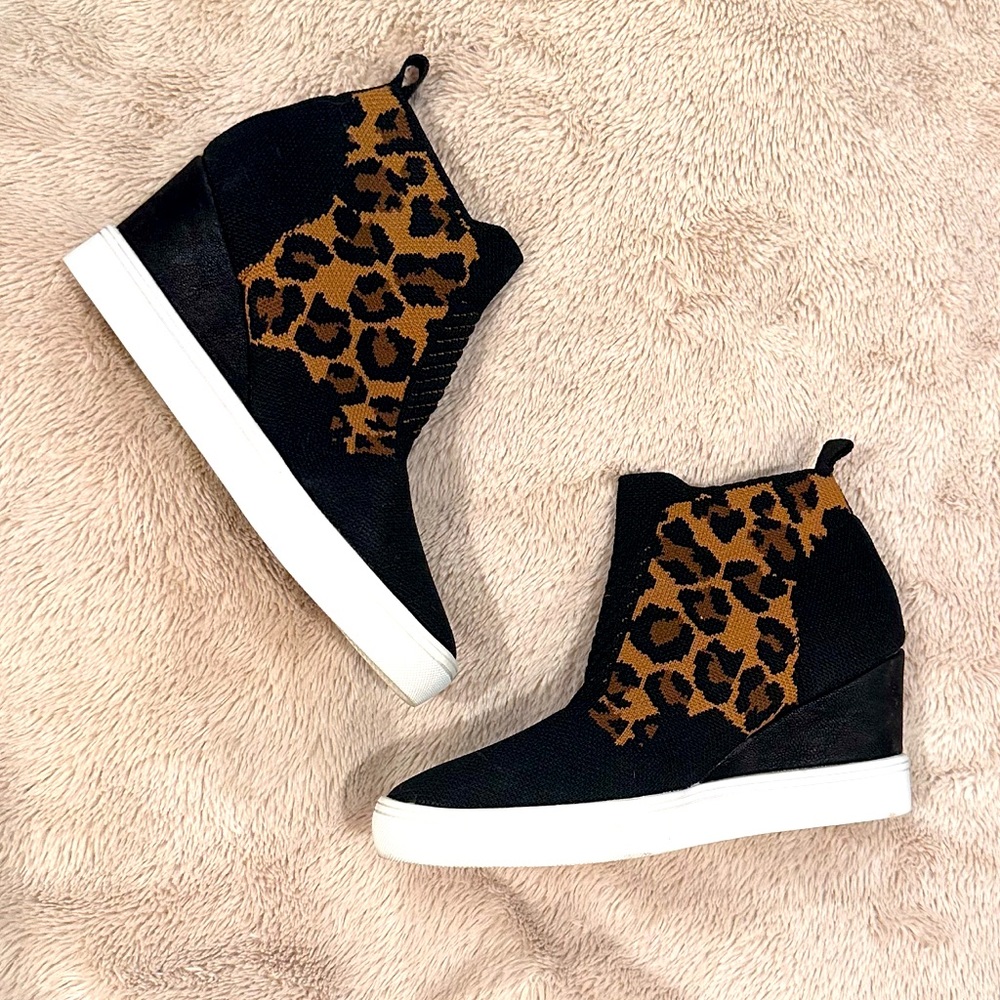 MIA knit black/leopard print wedge slipon sneakers. Worn once.  SZ 7